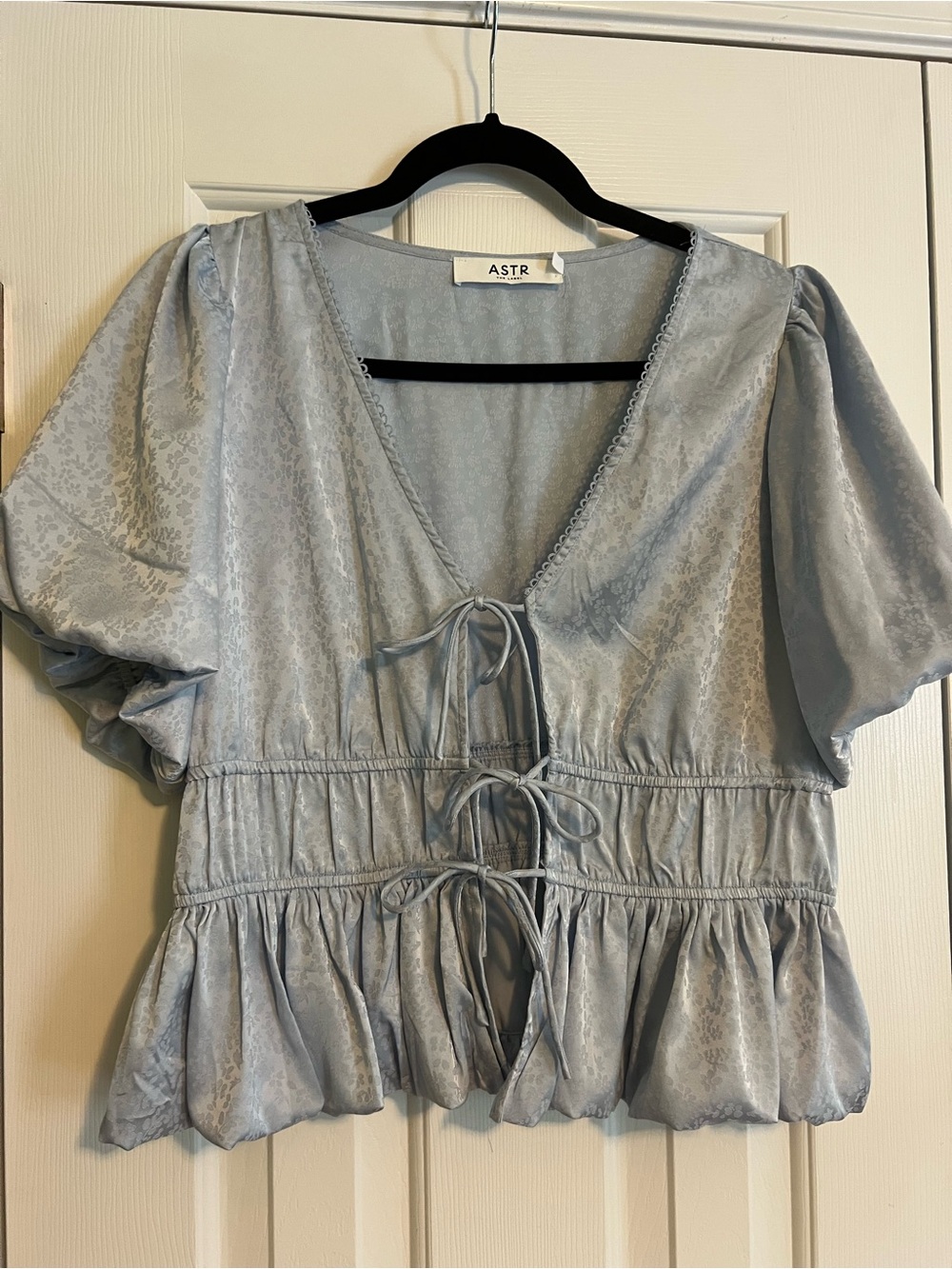 ASTR Pale Blue Tie-Front Puff Sleeve Peplum Blouse - Never Worn